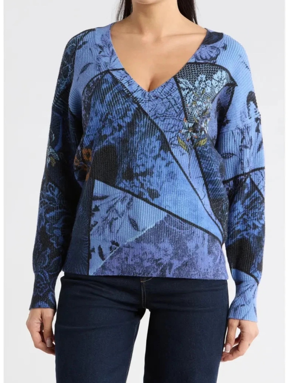 DESIGUAL Floral Ribbed Pullover Sweater Multi Blues Size M NWOT $159